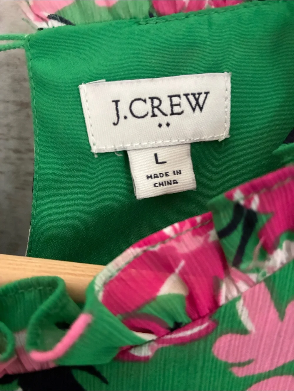 J. Crew Green Floral Ruffle Yoke Blouse with Pink & White Flowers
